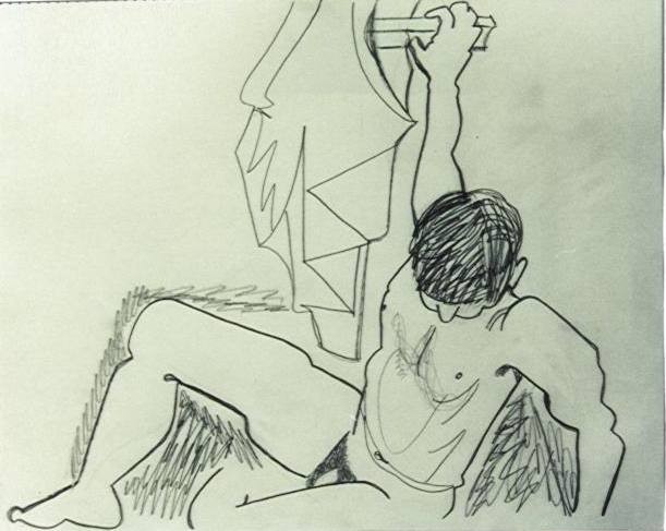 homme assis se tenant par une main en haut