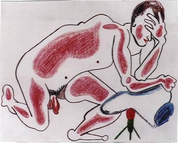homme agenouill s'appuyant sur un tabouret