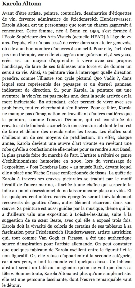 article dans les Plumes Genevoises, octobre 2013